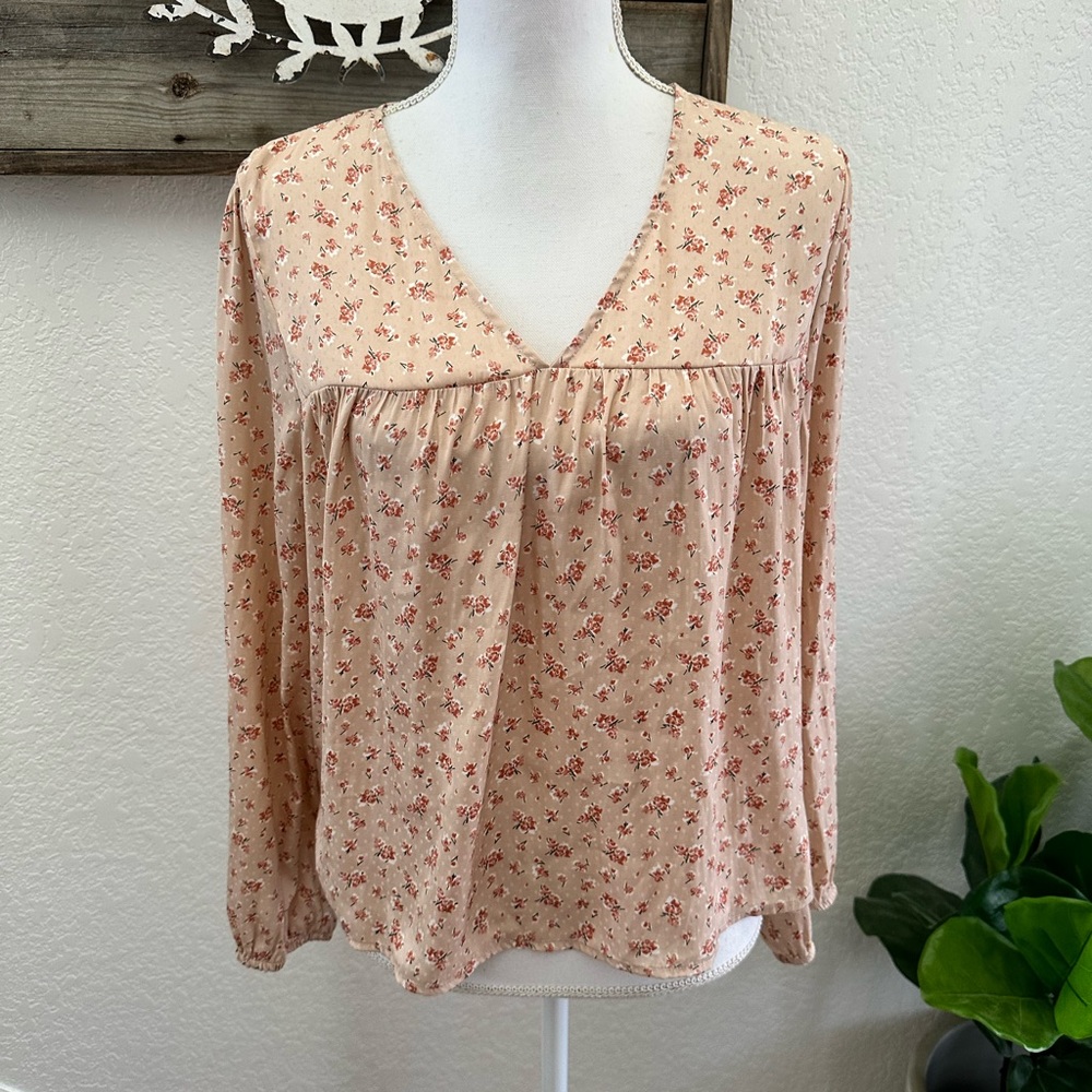 Madewell peach tan floral babydoll blouse top ladies L NWT